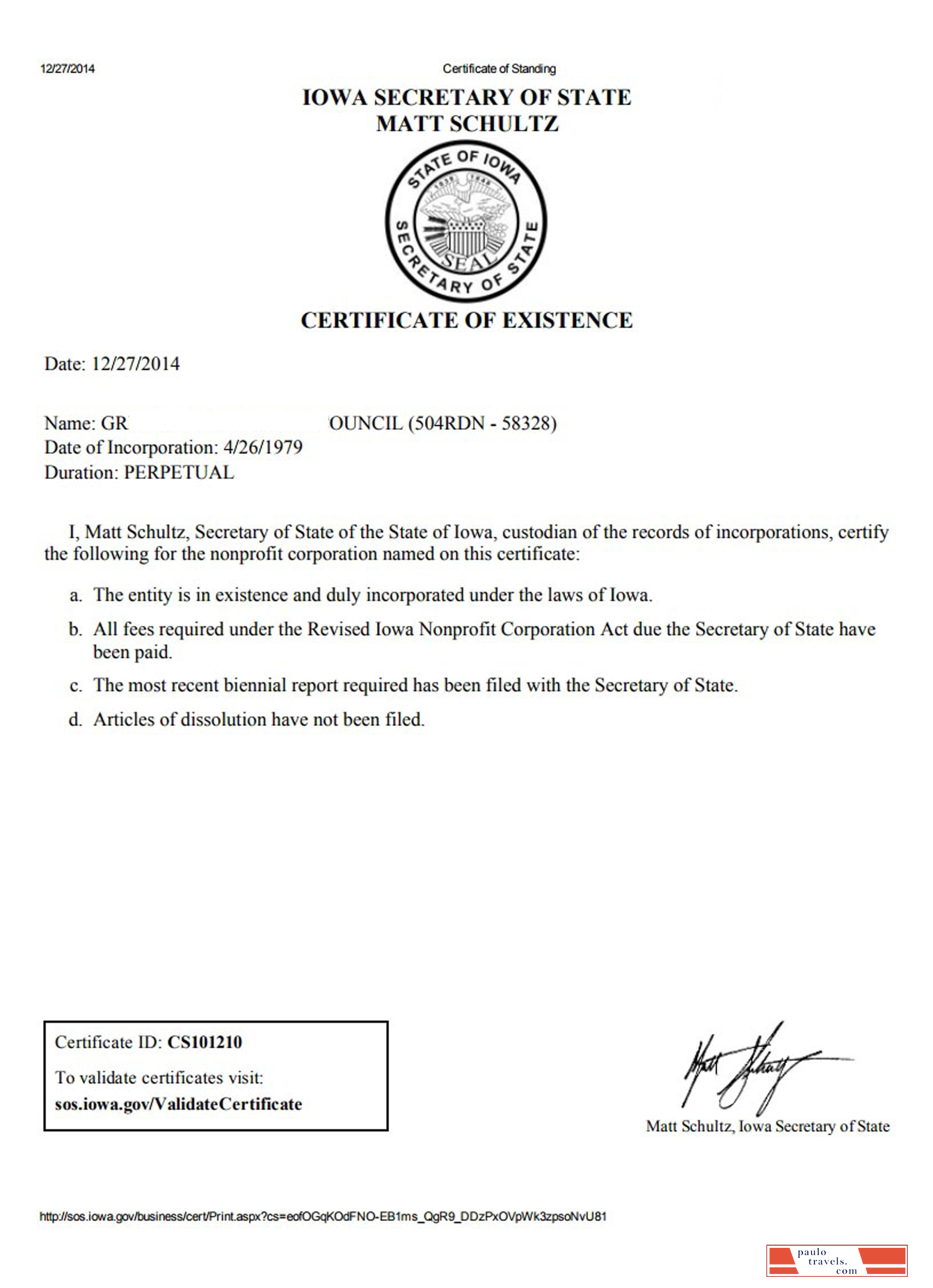 USA Iowa certificate of good standing